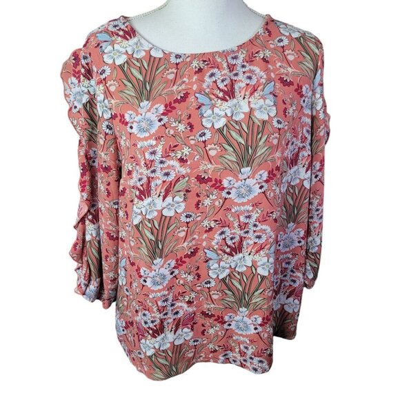 Lauren Conrad Floral Pink Sheer Long Sleeve Blouse Womens Large Ruffle Arm - Picture 3 of 12